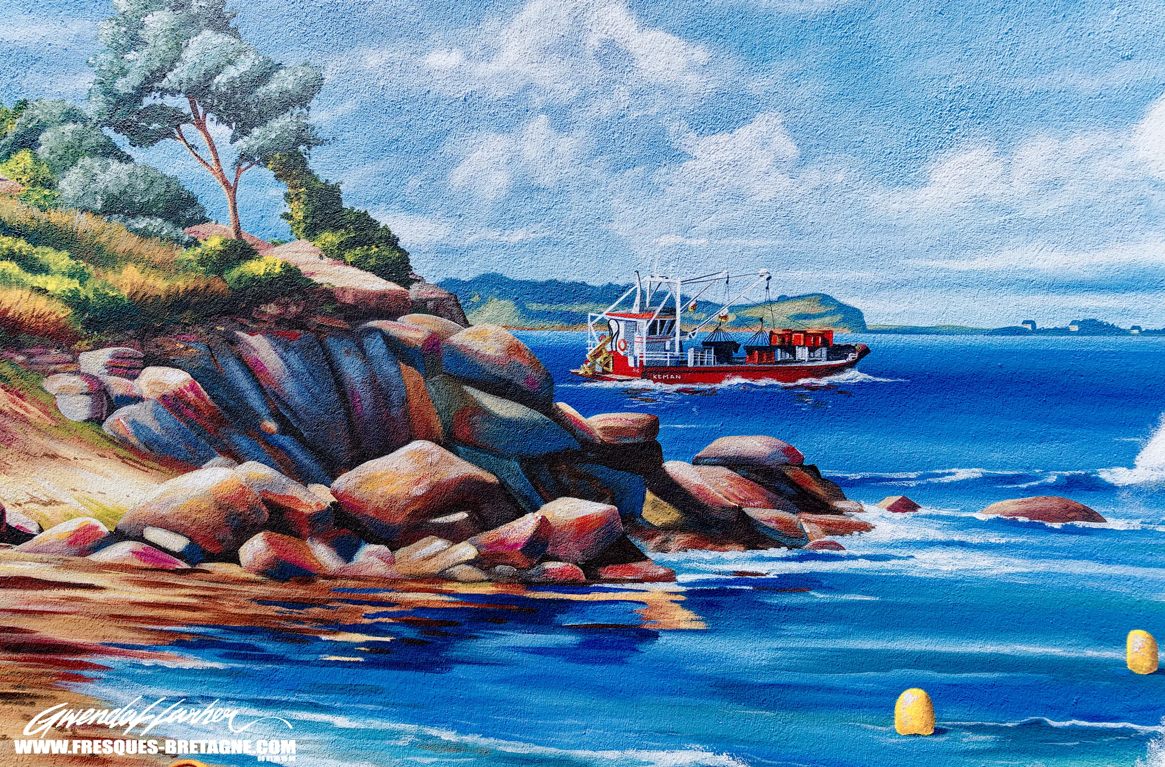 Décoration de pignon en trompe-l'œil par un fresquiste, plage de Saint-Colomban et anse de Ty Bihan à Carnac